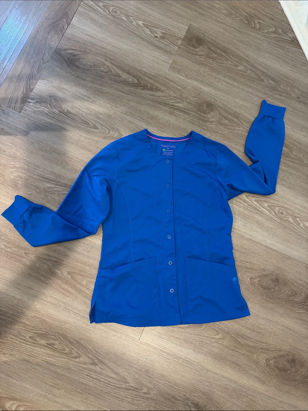 Women’s Healing Hands Purple Daisy Lab Coat Jacket Royal Blue Small